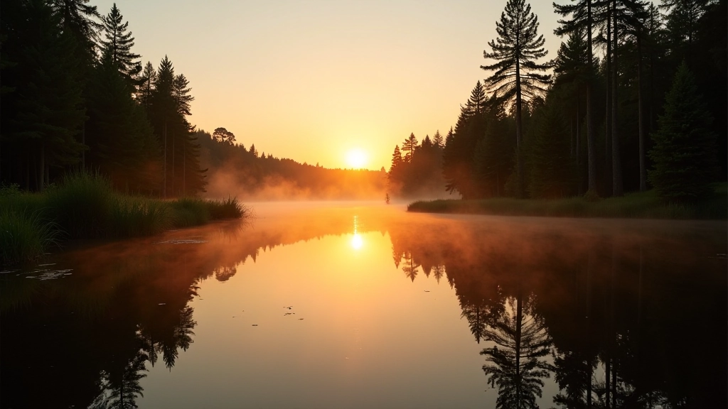 Miško ežero pakrantė saulėlydžio metu, atspindys vandenyje, tyli atmosfera